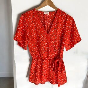 Sienna Sky Red Floral Faux Wrap Short Sleeve Blouse Size Small